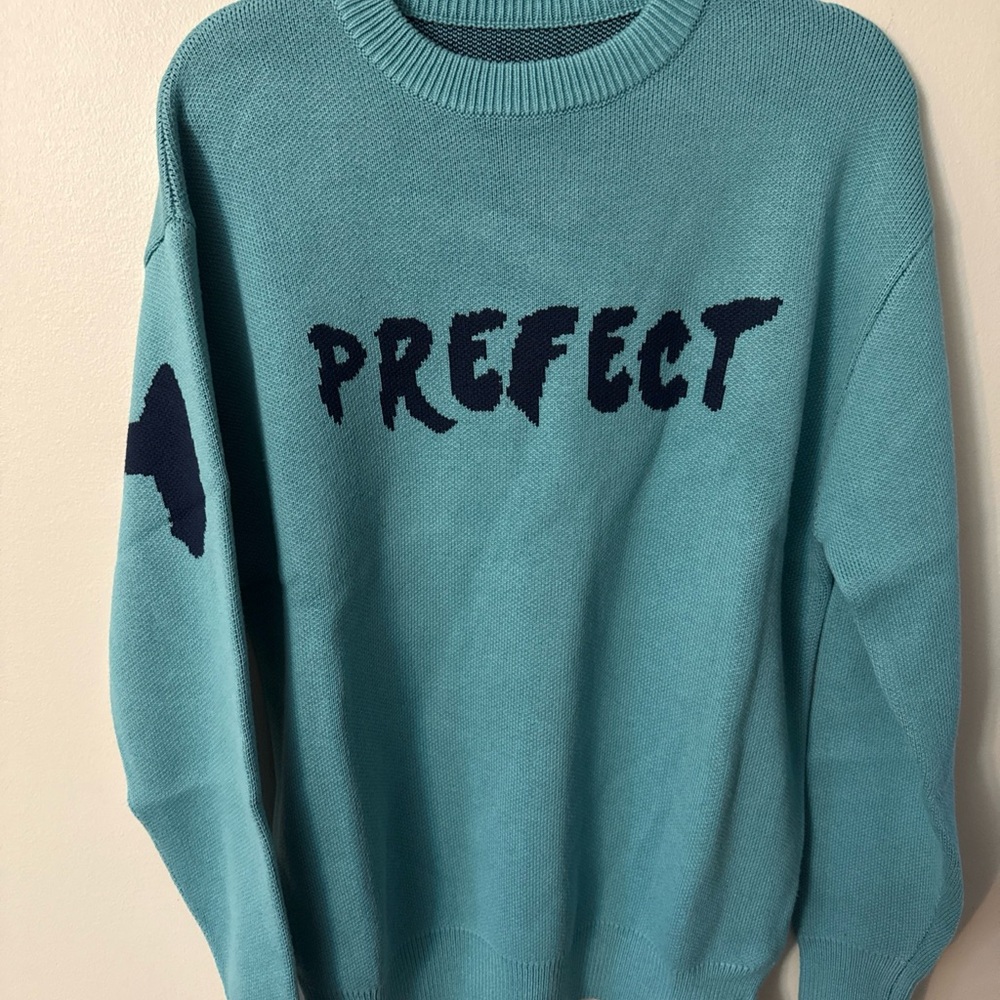 Nagri Teal Sweater with Prefect Text Oversize size Small NWT
